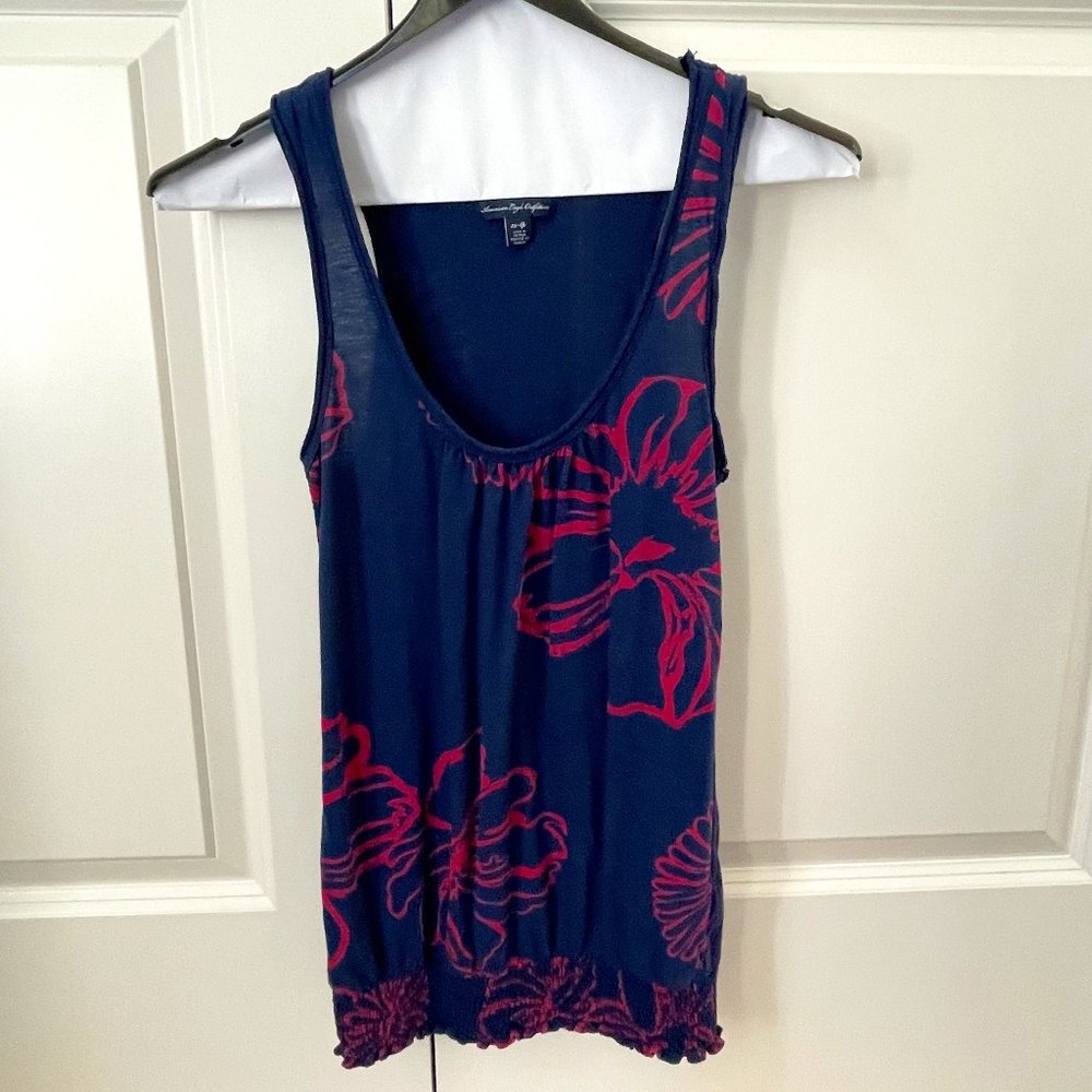 AEO Tank, Navy Blue, Pink Flower Print w/ Elastic Bottom, XS